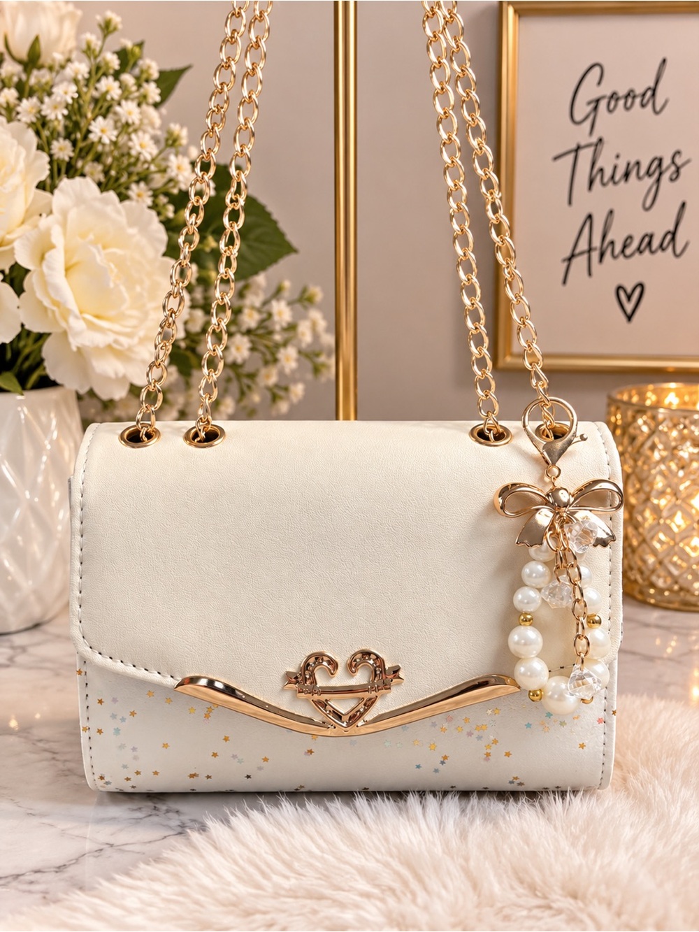 Crossbody/Shoulder Bag Cream with Star Accents and Gold Chain(includes bagcharm)